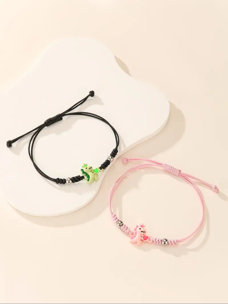 2 Piece Set Glow-in-the-Dark Heart Crown Dinosaur Couple Wristbands, Trendy Women's Valentine's Day Bracelet Jewelry Gift