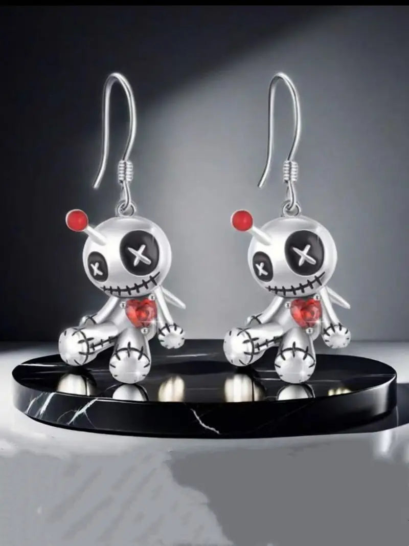 1 Pair Of Charming Punk Style Unique Cartoon Voodoo Doll Dangle Earrings with Red Heart Pendant Alloy Chain Material White & Red Design