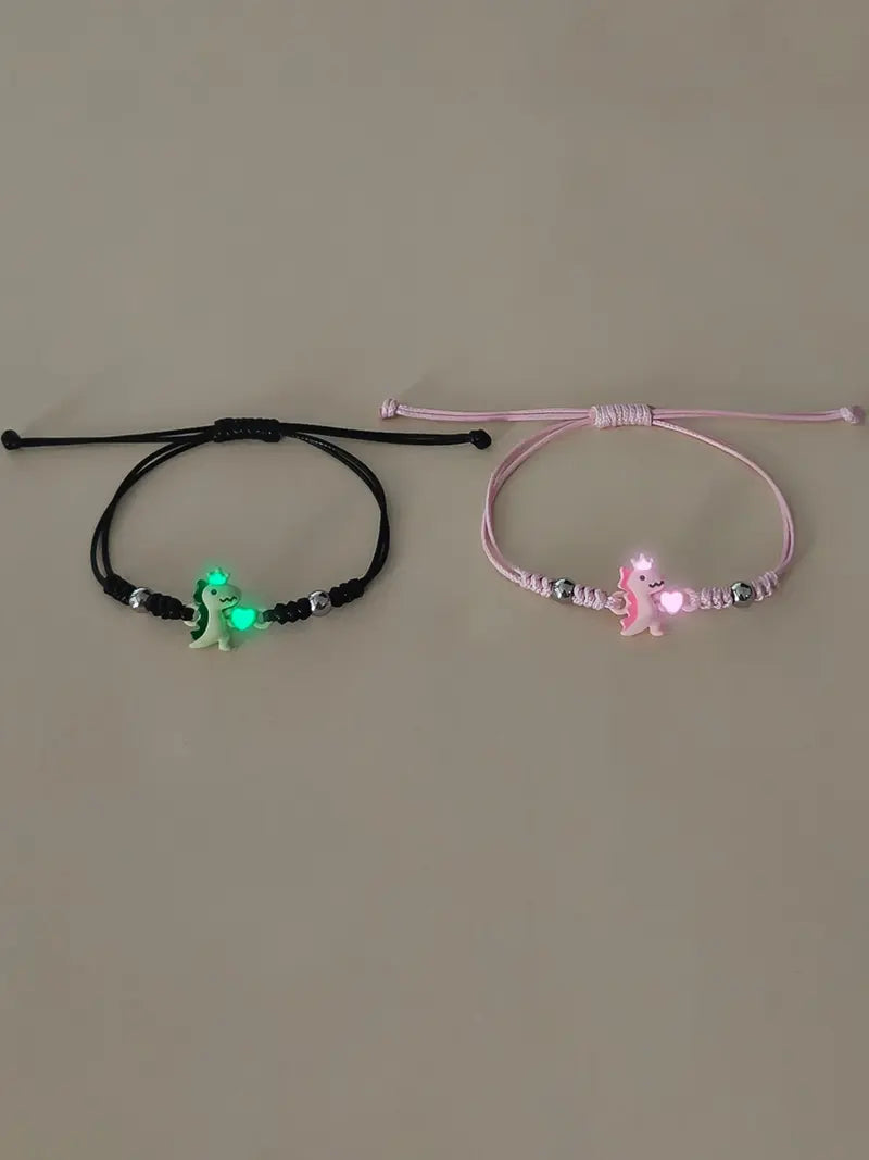 2 Piece Set Glow-in-the-Dark Heart Crown Dinosaur Couple Wristbands, Trendy Women's Valentine's Day Bracelet Jewelry Gift
