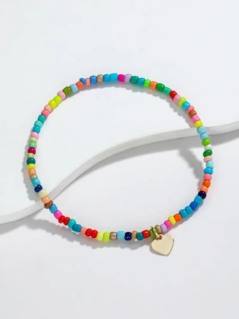 Heart Decor Beaded Anklet with Pendant, Boho Style Foot Jewellery for Women & Girls for Beach Party