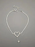 Elegant Silver-Tone Heart Rhinestone Anklet for Women