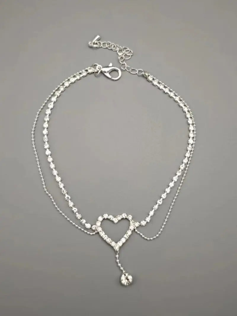 Elegant Silver-Tone Heart Rhinestone Anklet for Women