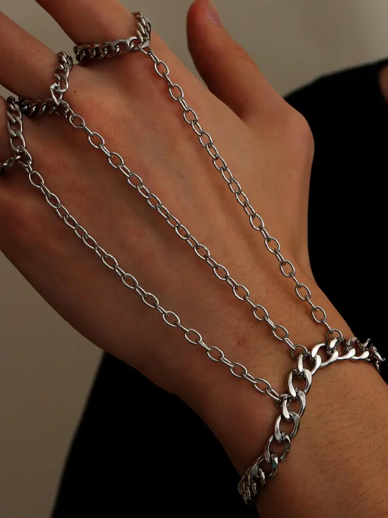 Men's Silver Stainless Steel Cuban Link Hand Chain Bracelet