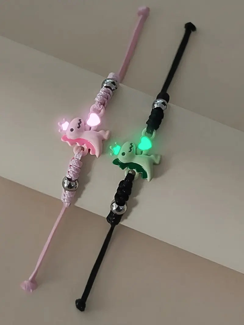 2 Piece Set Glow-in-the-Dark Heart Crown Dinosaur Couple Wristbands, Trendy Women's Valentine's Day Bracelet Jewelry Gift