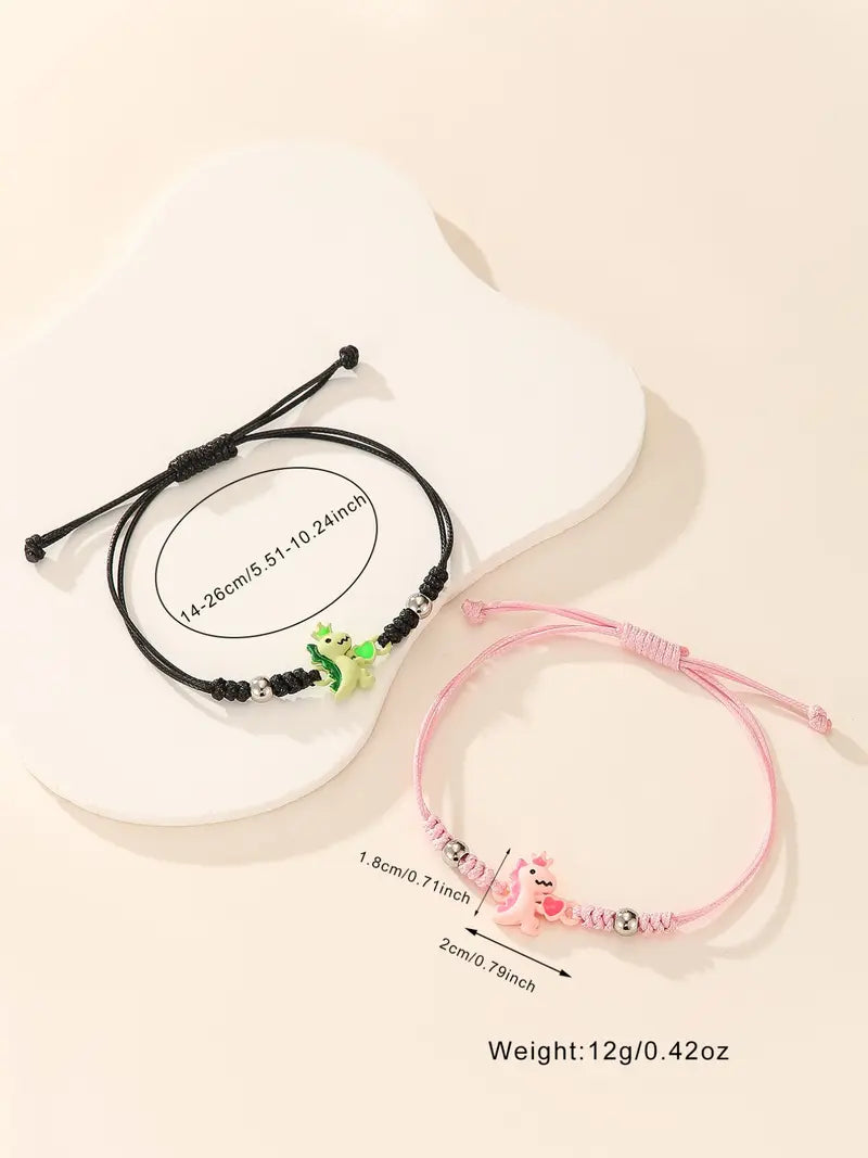 2 Piece Set Glow-in-the-Dark Heart Crown Dinosaur Couple Wristbands, Trendy Women's Valentine's Day Bracelet Jewelry Gift
