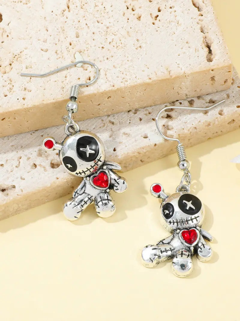 1 Pair Of Charming Punk Style Unique Cartoon Voodoo Doll Dangle Earrings with Red Heart Pendant Alloy Chain Material White & Red Design