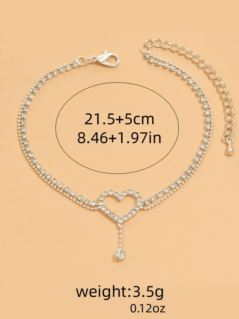 Elegant Silver-Tone Heart Rhinestone Anklet for Women