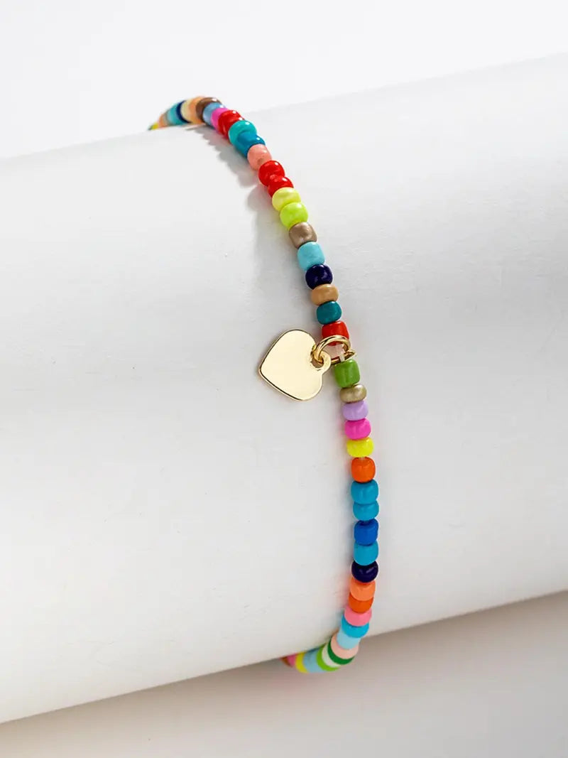 Heart Decor Beaded Anklet with Pendant, Boho Style Foot Jewellery for Women & Girls for Beach Party
