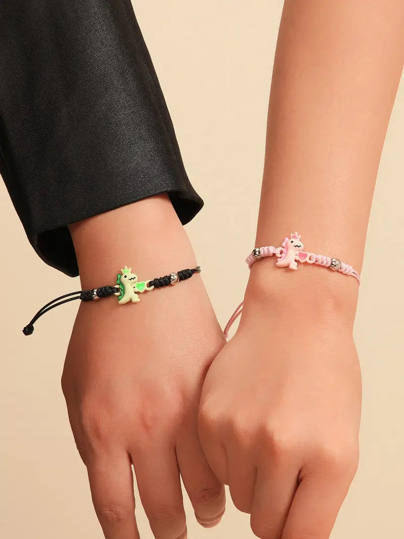 2 Piece Set Glow-in-the-Dark Heart Crown Dinosaur Couple Wristbands, Trendy Women's Valentine's Day Bracelet Jewelry Gift