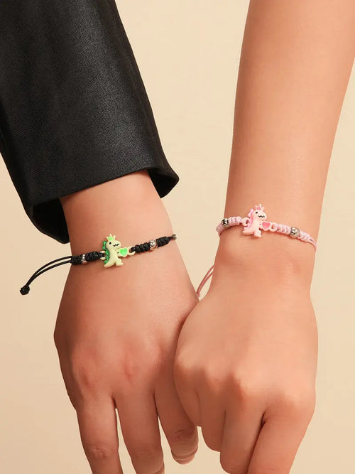 2 Piece Set Glow-in-the-Dark Heart Crown Dinosaur Couple Wristbands, Trendy Women's Valentine's Day Bracelet Jewelry Gift