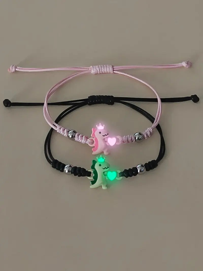 2 Piece Set Glow-in-the-Dark Heart Crown Dinosaur Couple Wristbands, Trendy Women's Valentine's Day Bracelet Jewelry Gift