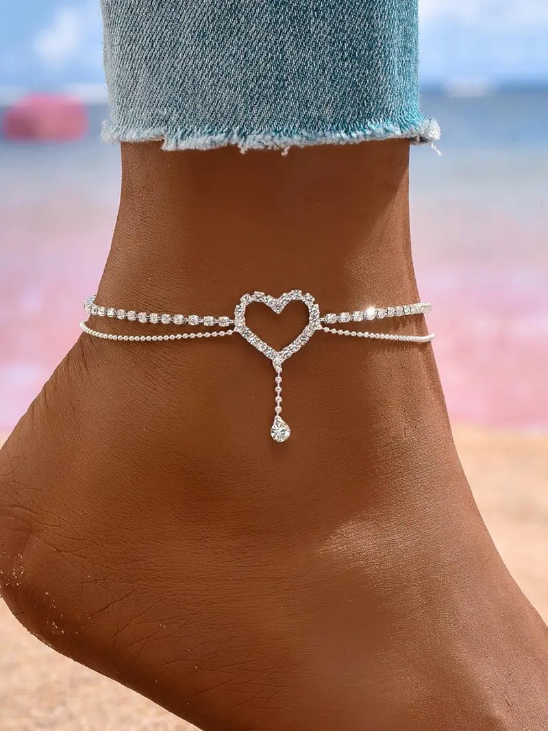 Elegant Silver-Tone Heart Rhinestone Anklet for Women