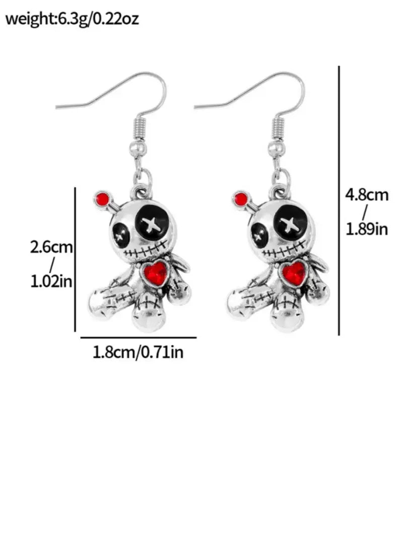 1 Pair Of Charming Punk Style Unique Cartoon Voodoo Doll Dangle Earrings with Red Heart Pendant Alloy Chain Material White & Red Design