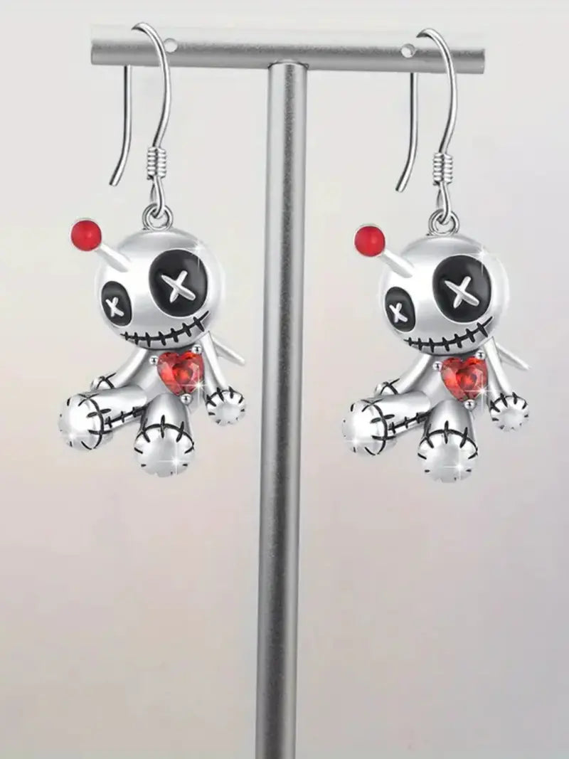 1 Pair Of Charming Punk Style Unique Cartoon Voodoo Doll Dangle Earrings with Red Heart Pendant Alloy Chain Material White & Red Design