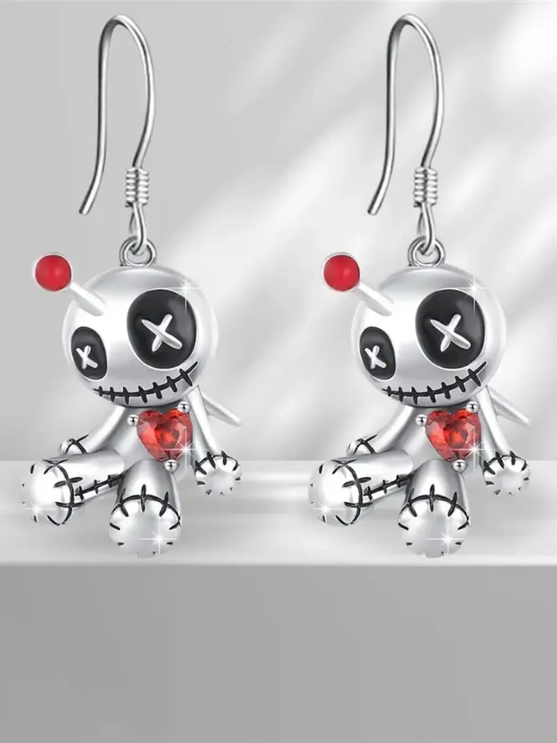 1 Pair Of Charming Punk Style Unique Cartoon Voodoo Doll Dangle Earrings with Red Heart Pendant Alloy Chain Material White & Red Design