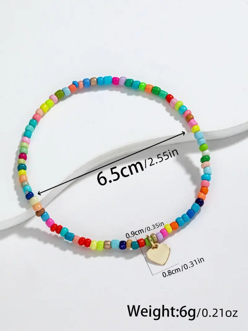 Heart Decor Beaded Anklet with Pendant, Boho Style Foot Jewellery for Women & Girls for Beach Party