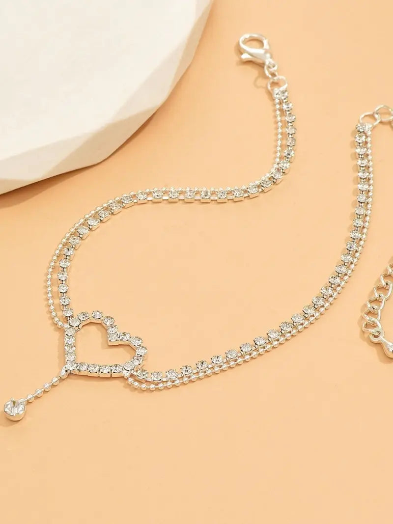 Elegant Silver-Tone Heart Rhinestone Anklet for Women